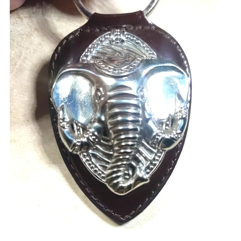 Barse Brown Leather Silver Tone Elephant Keychain